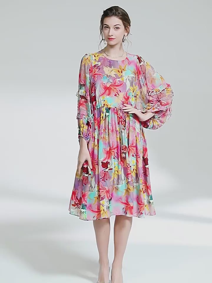 Floral Round Neck Wide Sleeve Beautiful Silk Dress SD010