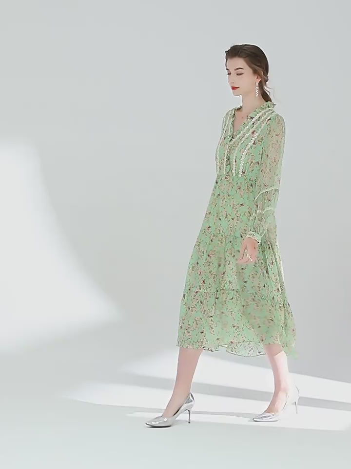 Sage Green Sweet V-Neck Long Sleeve Silk Dress SD014