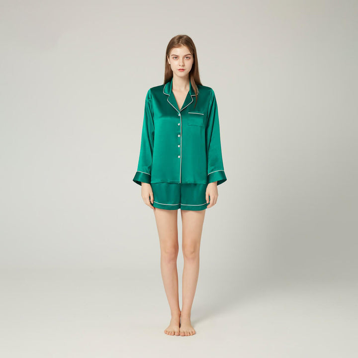 Double-Sided Silky Women Luxury Long Sleeve Silk Pajama Shorts Set LSP002