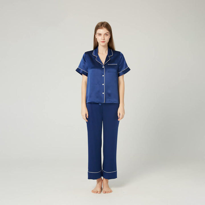 Double-Sided Silky Luxury Short Sleeve Silk Pajama Pants Set for Women LSP003