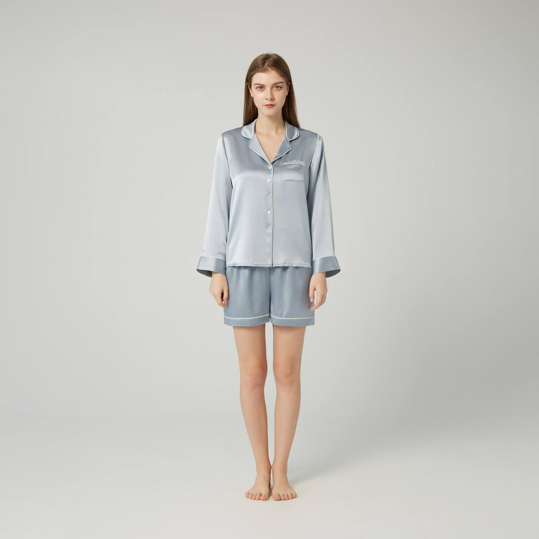 Double-Sided Silky Women Luxury Long Sleeve Silk Pajama Shorts Set LSP002