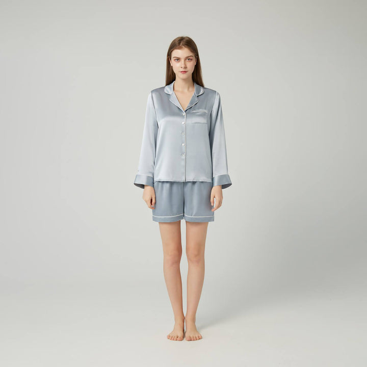 Double-Sided Silky Women Luxury Long Sleeve Silk Pajama Shorts Set LSP002