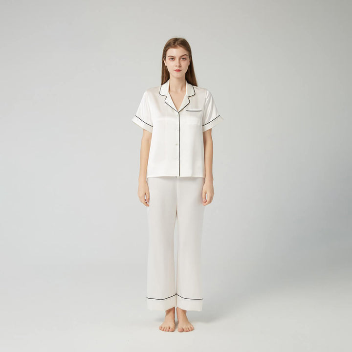 Double-Sided Silky Luxury Short Sleeve Silk Pajama Pants Set for Women LSP003